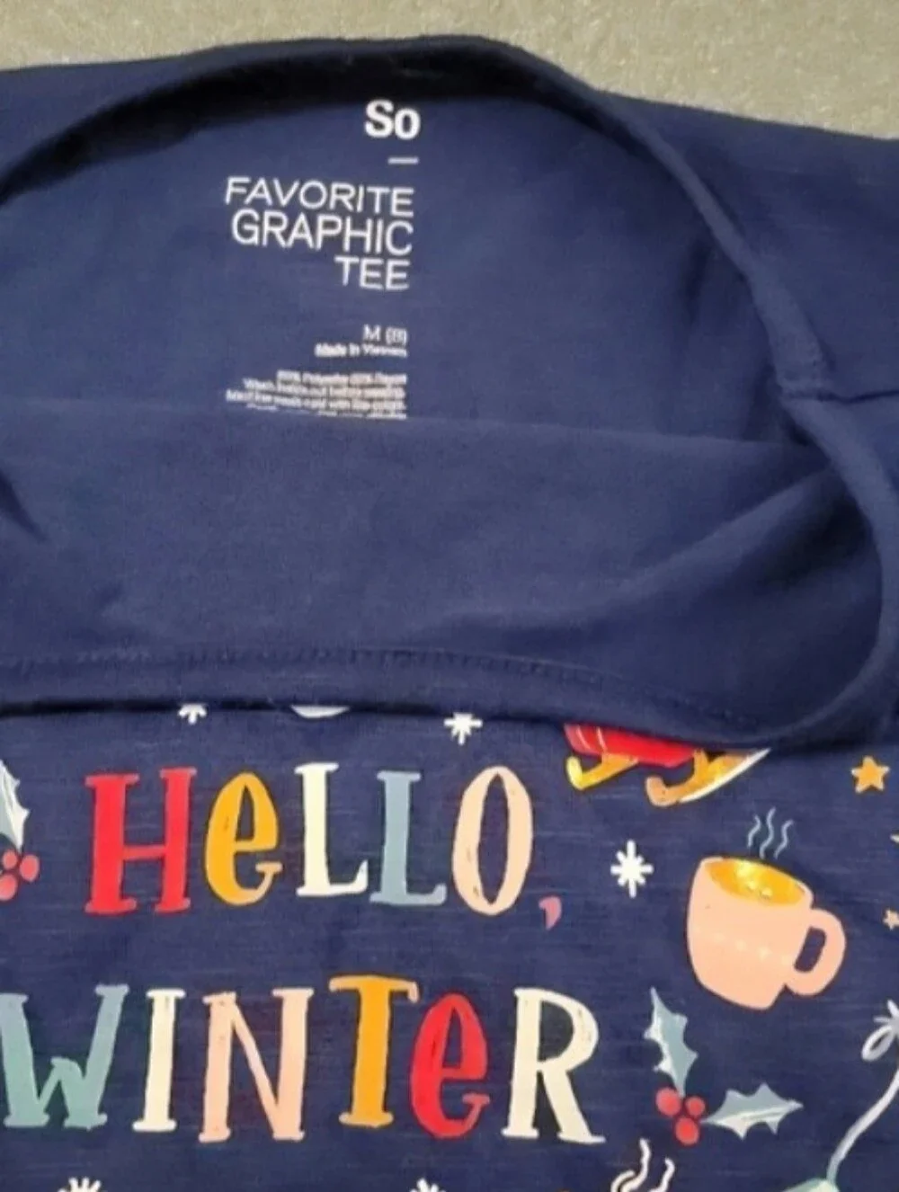 SO Girls Hello Winter Graphic Tee Size M 10/12 Blue Long Sleeve Shirt